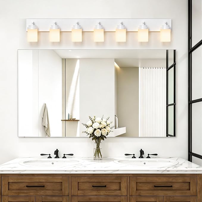 IZORRO Bathroom Vanity Light Fixture, 7-Light 52 inch White Bathroom Light Fixtures Over Mirror, with White Glass Shade, Modern Farmhouse Vanity Lights, Rustic Restroom Lighting Fixtures