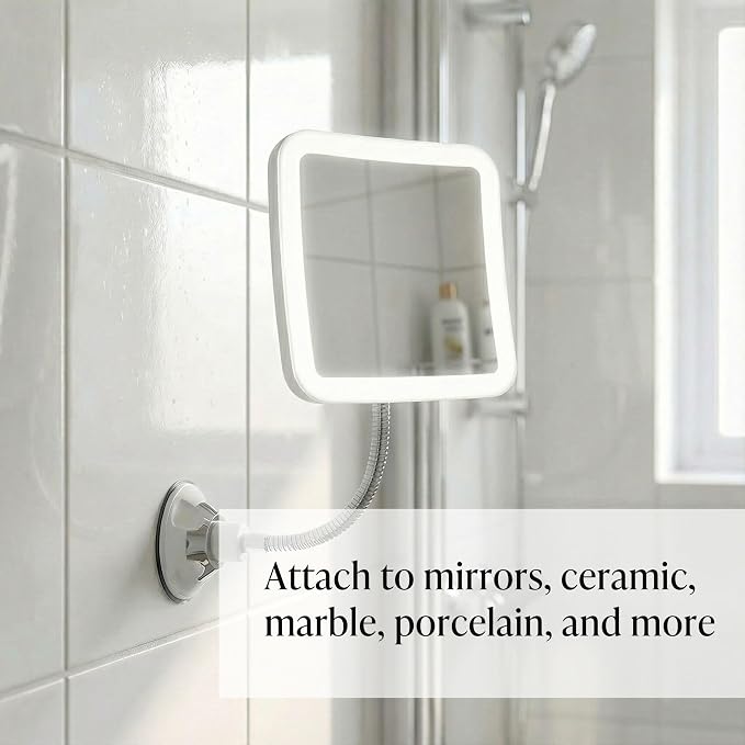 Fancii 10x Flexible Magnifying Mirror with 3 LED Light Settings, Rechargeable - Gooseneck Lighted Makeup Mirror for Bathroom, Locking Suction Mount, Cordless, 360° Rotatable (Mira 2 Plus)