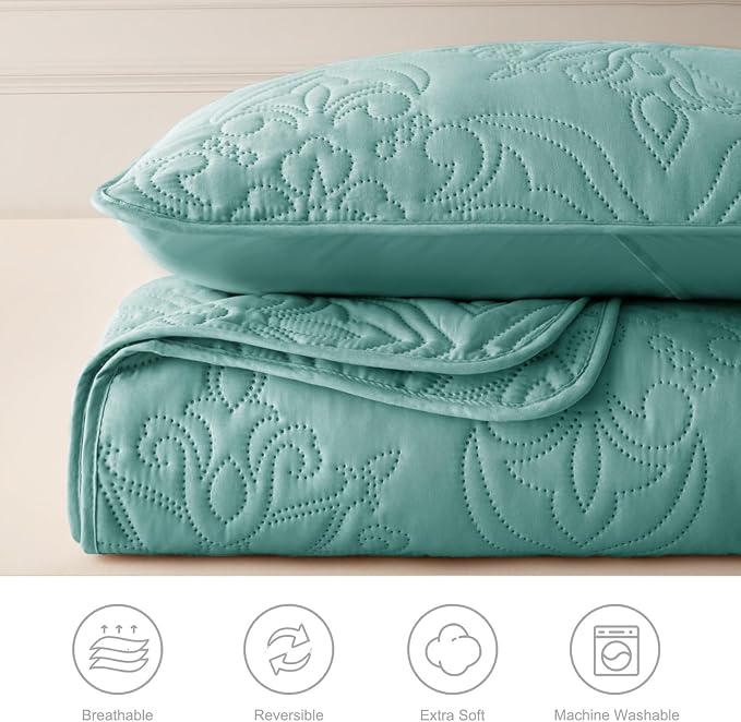 Whale Flotilla Cal King Quilt Set Vintage Damask Reversible Bedspread | Suitable for Bed, 3 Pieces Turquoise Green Lightweight Breathable Oversized Quilts, Ultrasonic Coverlet with 2 Pillow Shams