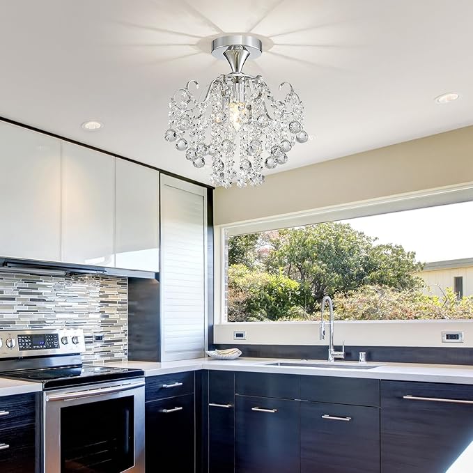 WUZUPS Crystal Chandelier Flushmount Ceiling Light Modern Lighting Fixture for Bedroom Hallway Bar Kitchen Bathroom, H 13.4" x W 12.6", E26 Base, Chrome