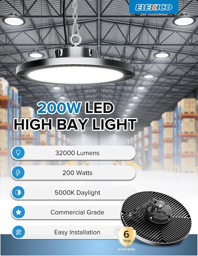 ELEKICO 200W Highbay Led Shop Light 32000LM 5000K 110V-277V Shop Lighting | Industrial-grade UFO LED High Bay Light for Upgrade auto Shop DIY Garage Warehouse Metal Workshop Farm Barn