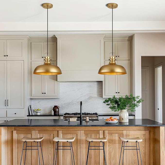 Gold Farmhouse Pendant Lights for Kitchen Island 16 Inch | ETL Certificate,Industrial Adjustable Height Vintage Dome Hanging Light Fixtures for Barn, Dining Room 2 Pack