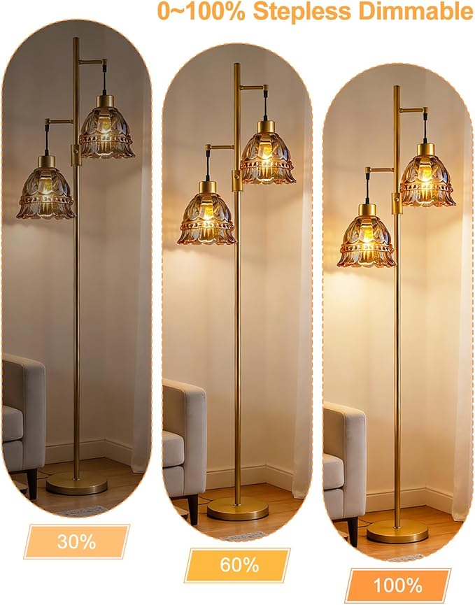 Lightdot 65IN Glass Floor Lamp for Living Room, 2- Light Gold Flower Floor Lamps with Brown Glass Lampshade, 3000K Warm White Modern Standing Tall Lamp for Bedroom Corner