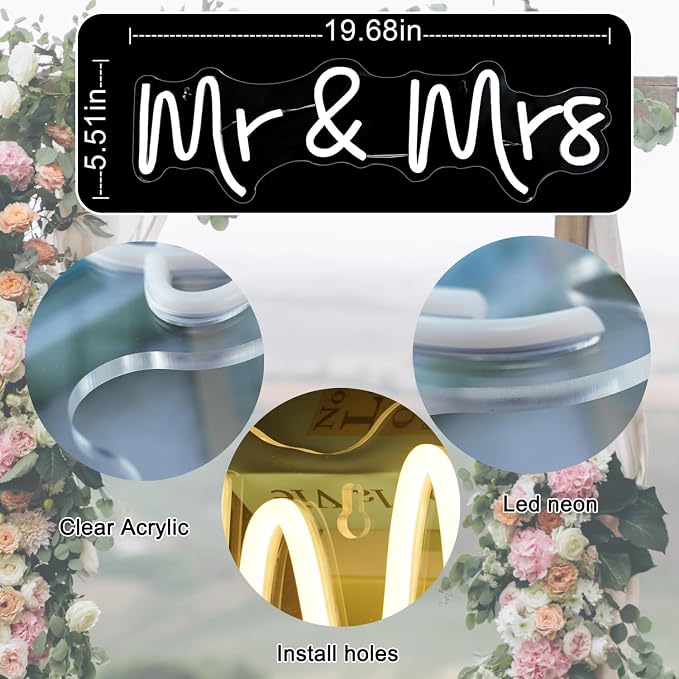 Mr and Mrs Neon Sign Wedding, Aslanka LED Mr & Mrs Light for Backdrop Decor, Neon Mr Signs for Shower Engagement Arch Flower Background Reception Desk Home Decoration Gifts, 19.6 x 5.5in(Warm White)
