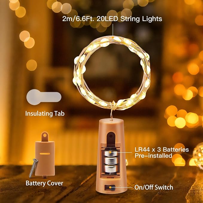 Brightown 10 Pack 7ft Battery Operated Wine Bottle Lights with Cork | 20 LED Bulbs, Warm White Glow, Waterproof, Flexible Silver Wire, Lovely for Liquor Bottles DIY Party Christmas Wedding Décor