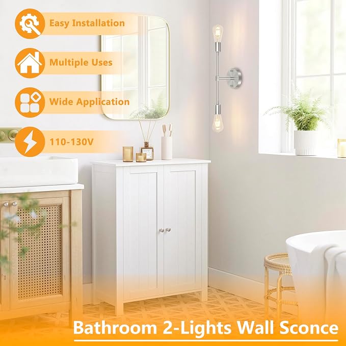 FadimiKoo 2-Light Brushed Nickel Bathroom Vanity Light, Silver Bathroom Wall Sconce Modern Wall Mounted Lamp Indoor Vintage Wall Sconces for Powder Room Hallway Cabinet (2 Pack)