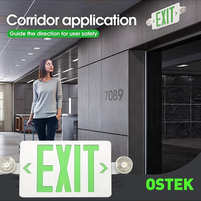 LED Exit Sign with Emergency Lights Dual LED Exit Light,Battery Backup | Two Bright LED Adjustable Heads Emergency Exit Lights, Hardwired Dual LED Combo Exit Lamp. ABS Fire Resistance UL Green