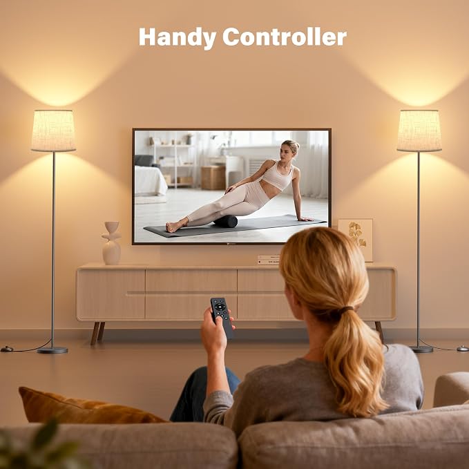 Dimmable Floor Lamp with Linen Shade for Living Room | Dimmable LED Standing Lamp with Remote & Foot Switch, Modern Floor Reading Light for Bedroom Office Corner
