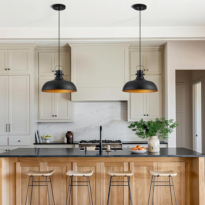Black Farmhouse Pendant Lights for Kitchen Island 16 Inch | ETL Certificate,Industrial Adjustable Height Vintage Dome Hanging Light Fixtures for Barn,Dining Room 2 Pack