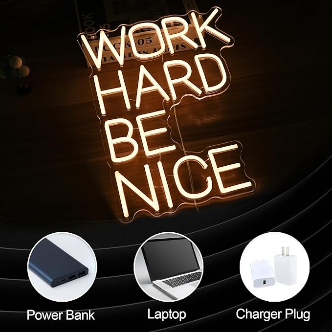 Work Hard Be Nice Neon Sign for Wall Decor Warm White Neon Light Powered by USB Dimmable LED Letters Neon Light Sign for Office Study Room Classroom Bedroom Meeting Room Neon Decor