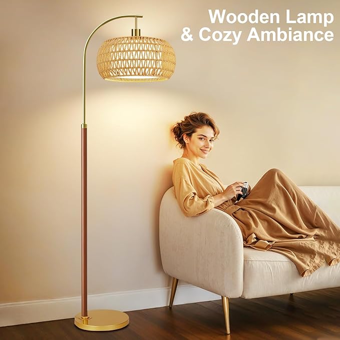 Wood Arc Floor Lamps for Living Room,Boho Rattan Floor Lamp with Remote Control & 3 Color Temperatures,Dimmable Mid Century Modern Standing Lamp Farmhouse Vintage Tall Floor Lamp For Bedroom Corner