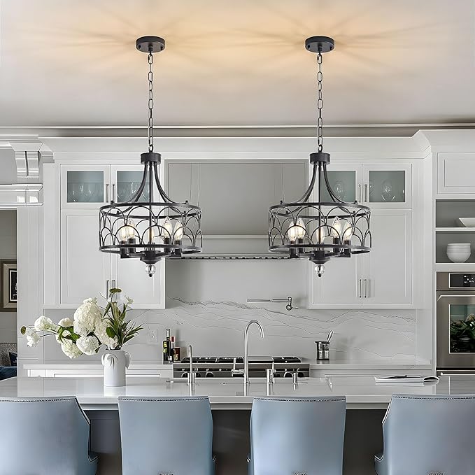 5-Light Black Chandelier,15.2in Farmhouse Lantern Pendant Light Fixture,Adjustable Hanging Ceiling Lamp with E12 Socket,for Kitchen Island,Bedroom,Entryway,Dining Room
