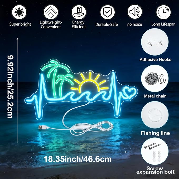 Sunset Neon Sign Dimmable Tropical Neon Light Tiki Bar Living Room Decor | Dimmable Ocean Wave and Palm Tree Theme Decor for Bedroom Patio Bar Party Beach House Tropical Style and Summer Gift Ideas