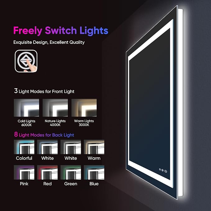Antok 60x28 LED Bathroom Mirror with Lights, Backlit + Front Lit Vanity Mirror with CRI>90, Dimmable Anti-Fog Smart Mirror with Memory Function, 11 Color Temperatures, Shatterproof Tempered Glass, ETL