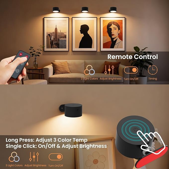 Rechargeable Wall Sconce, Dimmable LED Reading Light with Remote Control & Timer, 3 Color Temps Battery Operated Cordless Wall Lights for Living Room Hallway, 3 Pack - Black