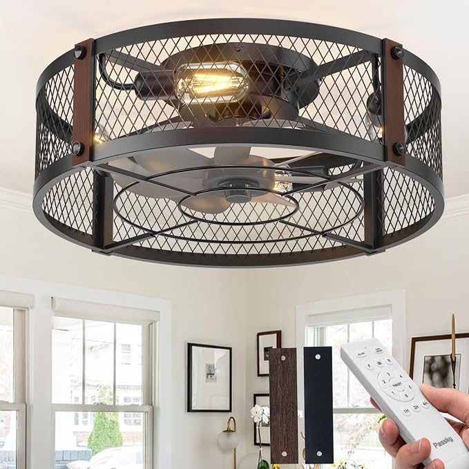 Passky 20" Caged Ceiling Fans with Lights and Remote, Low Profile Fandelier | Reversible DC Motor, 1/2/4H Timer, 6 Speeds, Farmhouse Style, Quiet Operation, for Bedroom, Kitchen, Dining Room, Living Room