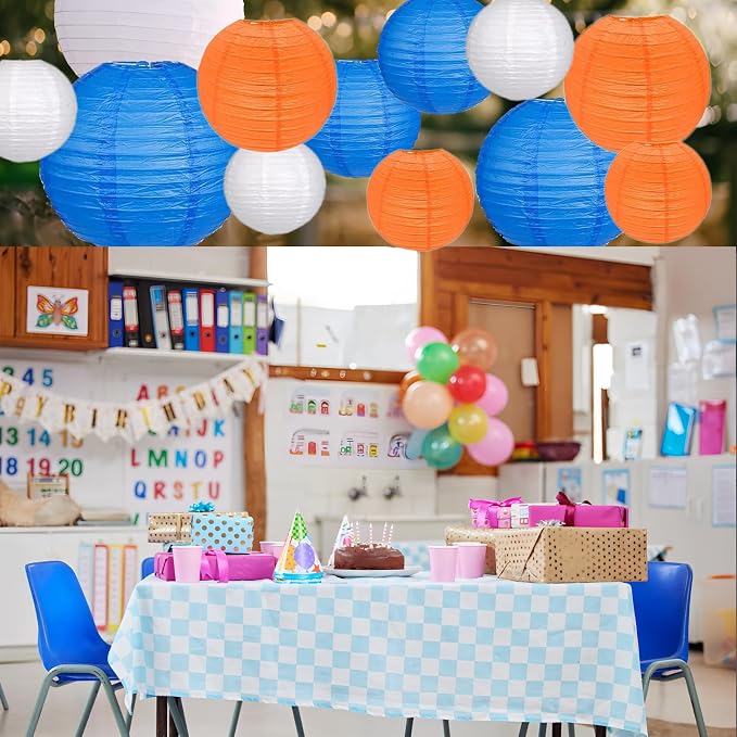 12Pcs Paper Lanterns 6”, 8”, 10”, 12”,Paperlanterns Party Decoration, Blue Orange White Paper Lanterns for Wedding, Bridal, Birthday, Outdoor, Home, Garden, Holiday and Party.