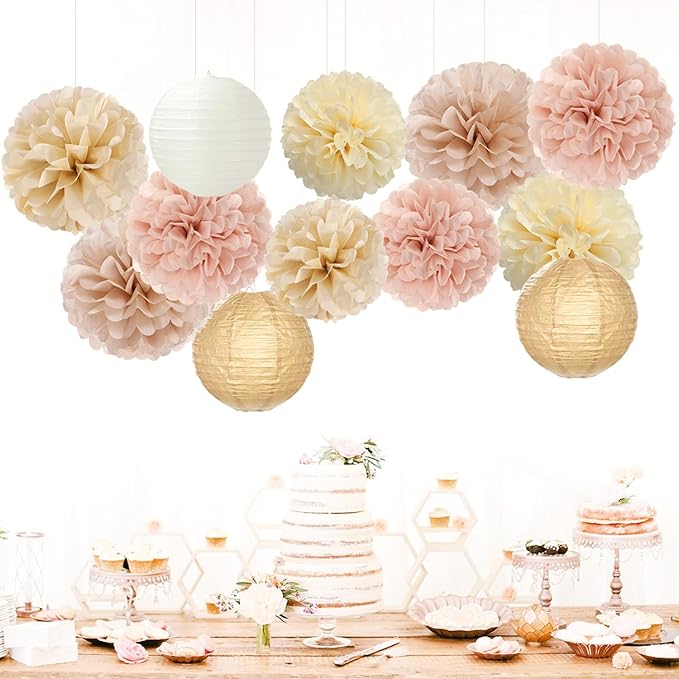 Champagne-Gold White Party-Decorations Paper-Flowers Lanterns - 15PCS Boho Fall Rustic Tissue Pom Poms Streamers,Wedding Baby Bridal Shower Neutral Autumn Birthday Hanging Supplies Decor Hugfond