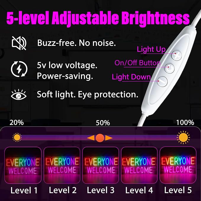 Everyone is Welcome Here Neon Sign, Dimmable Classroom Neon Sign Lights for Wall Decor, USB Positive Affirmation LED Neon Light, Welcome Signs for Classroom Teacher Gifts Rainbow Pride Diversity Decor