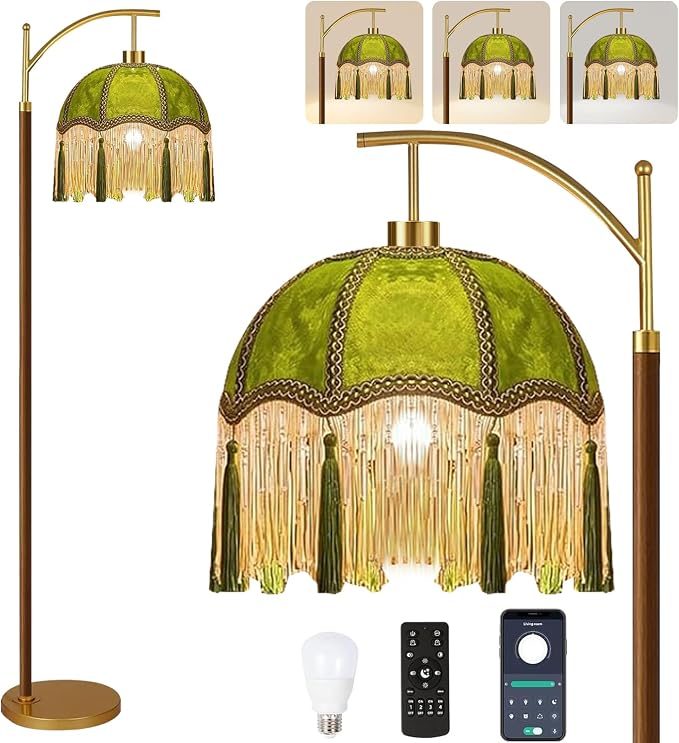 ILLMTW Green Floor Lamp for Living Room,Bedroom,Fringe Standing Lamp with Remote Dimmable,Victorian Mid Century Gold Arc Tall Lamp Boho Vintage Retro Wood Tassel Flower Unique Lamp Tiffany Decor