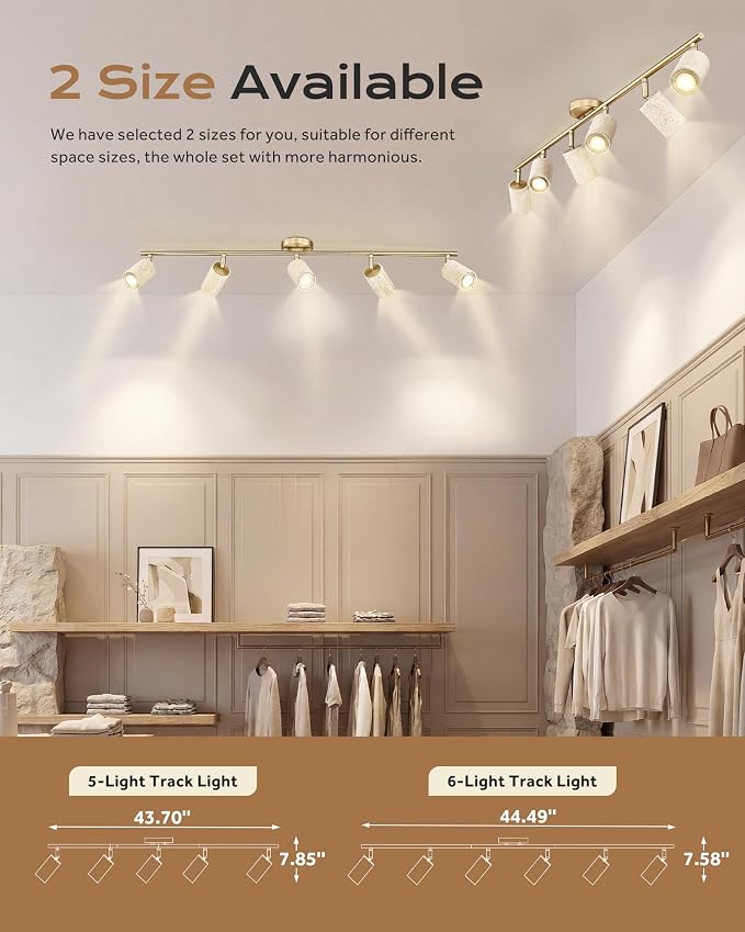 FEMILA Natural Stone Track Lighting Fixtures Ceiling, 3000K Bulbs Included, 43.7" Brushed Gold LED Track Light for Living Room, Kitchen, Dining Room, Bedroom, Rotatable Light Heads, 4FS107TL-5 BG-NS