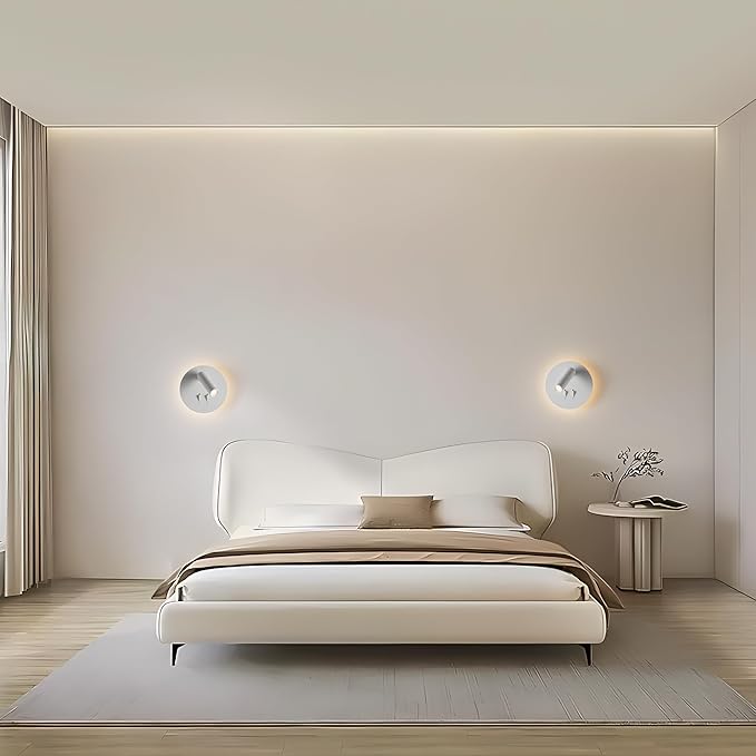 Modern Minimalist LED Wall Sconce,Hardwired 2-Light Reading Backlight,Dual Light Control (3W/240lm+6W/480lm), Swing Arm Wall Light Fixtures for Bedroom/Bedside(White)