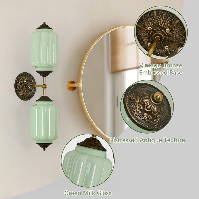 Vintage Green Milk Glass Bathroom Vanity Light - 25" Dimmable Wall Sconce | Mid Century,Vertical or Horizontal Mounted,Antique Brass Gold Lighting Fixture for Bedroom Hallway Decor,E12 Bulb×2 Included