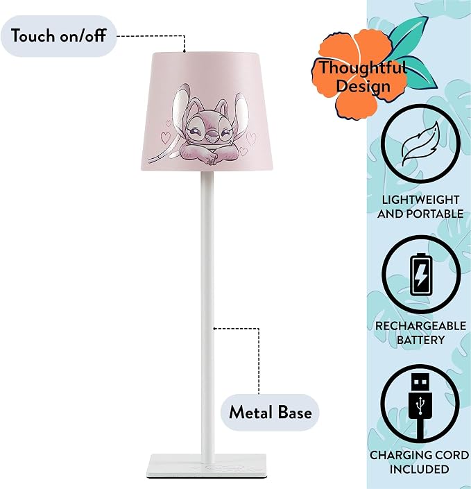 Disney Lilo and Stitch Angel Kids Touch Night Light Lamp, Rechargeable Battery Operated Bedroom Table Lamp with Touch On/Off, Portable LED Desk Light with Charging Cord for Nursery & Children’s Room