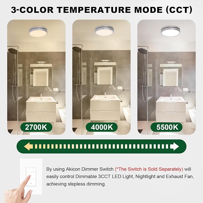 Akicon Bathroom Exhaust Fan with Light, 80 CFM 2.0 Sones Bathroom Fan for Ceiling, 3CCT 15W Dimmable LED Light and 3.5W Nightlight Vent Fans Combo for Home, Round, Sliver