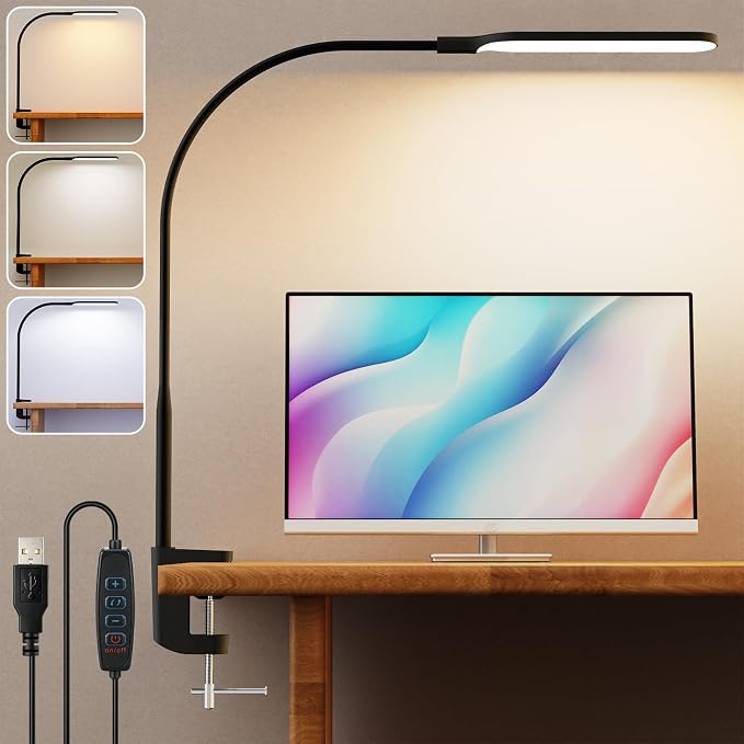 LED Desk Lamp with Clamp, 3 Color Modes 10 Brightness Levels, Long Flexible Gooseneck, Ultra Wide Brightness Range, led Clip Desk lamp, USB Eye-Caring Clip on Lights for Home Office, Black