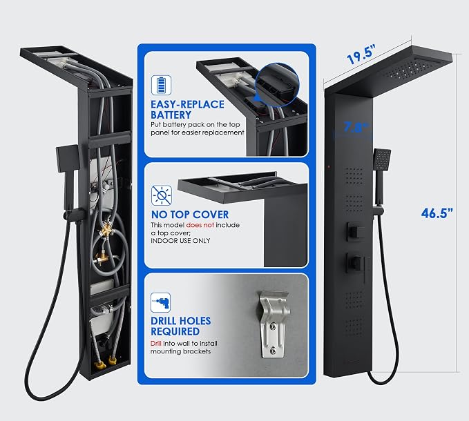 ROVOGO Shower Panel Tower System with Led Lights and 5 Shower Modes, 46.5" | Rainfall Waterfall Shower Head, 4 Body Jets, Handheld & Tub Spout, Stainless Steel Shower Column w/ Brass Valve, Matte Black