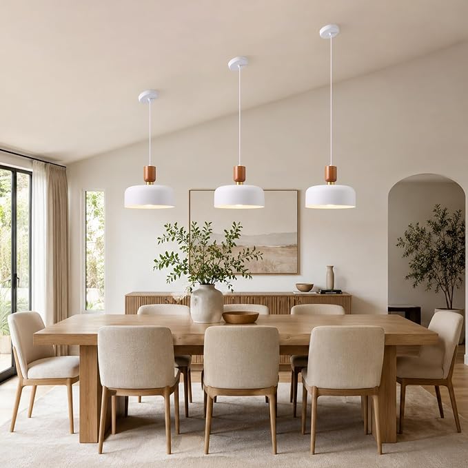 Nordic Sculptural White Pendant Light: Metal Wood Kitchen Island Chandelier | 12" Mid Century Pendant Lighting Over Kitchen Sink - Modern Ceiling Light Fixture for Dining Room Bedroom Hallway Entryway
