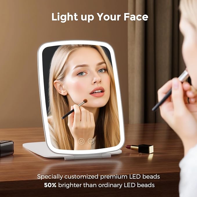 Rechargeable Folding Makeup Mirror with LED Lights, 10" x 7" Large Travel Mirror, 3 Lighting Modes, 2000mAh Battery & Magnetic Closure