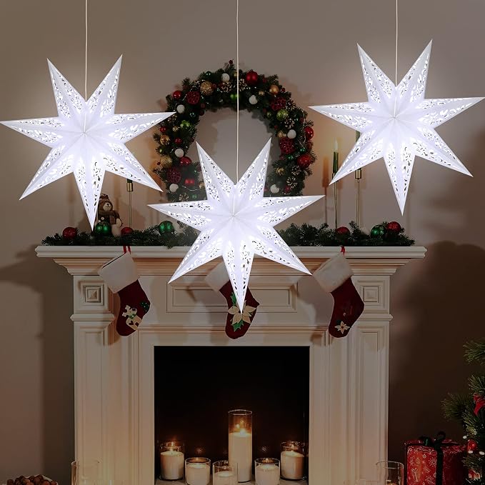 Kingdder 20 in Christmas Paper Star Lanterns Lampshade with White LED Light 7 Pointed Moroccan Hollow out Stars Hanging Party Decoration for Weddings Christmas Tree Birthday
