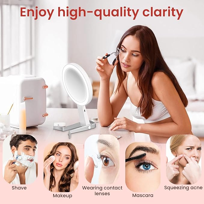 Makeup Mirror with Lights, 10X /1X Double-Sided Lighted Makeup Mirror with Magnification, Rechargeable Magnifying Mirror with 3 Color Lights, Portable Make up Mirror 3 in 1 Tabletop/Handheld/Hanging