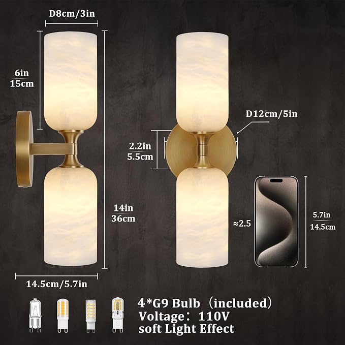 Gold Alabaster Wall Sconces Set of 2, 14in Spanish Natural Marble Sconce, Modern Stone Wall Light, Dimmable Alabaster Vanity Light Hardwired Brass Wall Lamp for Bathroom Mirror, Bedroom, Hallway