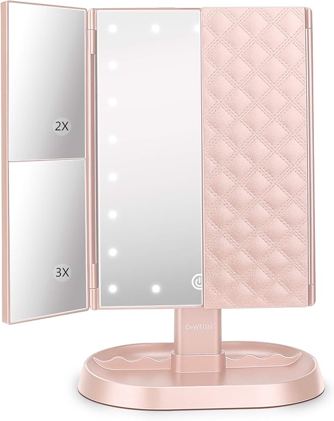 Trifold Lighted Vanity Makeup Mirror with 21 LED Lights,1x/2x/3x Magnification and Touch Screen Dimming,Two Power Supplies Makeup Mirror, Gift for Women