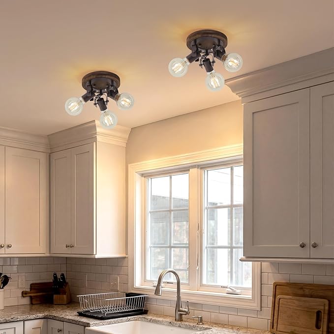 SEEBLEN 3-Light Rustic Track Lighting, Adjustable Flush Mount Ceiling Light with Espresso Wood Base, Dark Bronze Ceiling Track Light for Kitchen Island, Dining Room, Hallway, Entryway