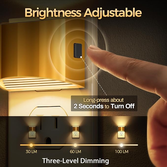 Night Light, Night Lights Plug into Wall, Adjustable, 3000K | 3 Level Brightness Adjustable Night Light, Dusk to Dawn Sensor, Nightlights for Adults, Bedroom, Bathroom, Hallway, 4 packs