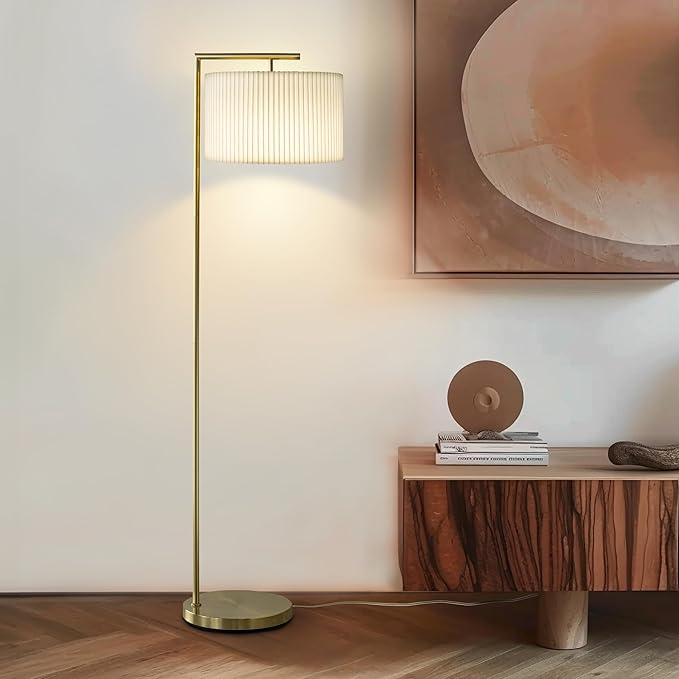 Brightech Montage Modern Floor Lamp - LED Standing Lamp with Tan Shade for Living Rooms & Offices - Bedroom Reading Light - Tall Corner Pole Lamp for Contemporary Home Decor - Antique Brass