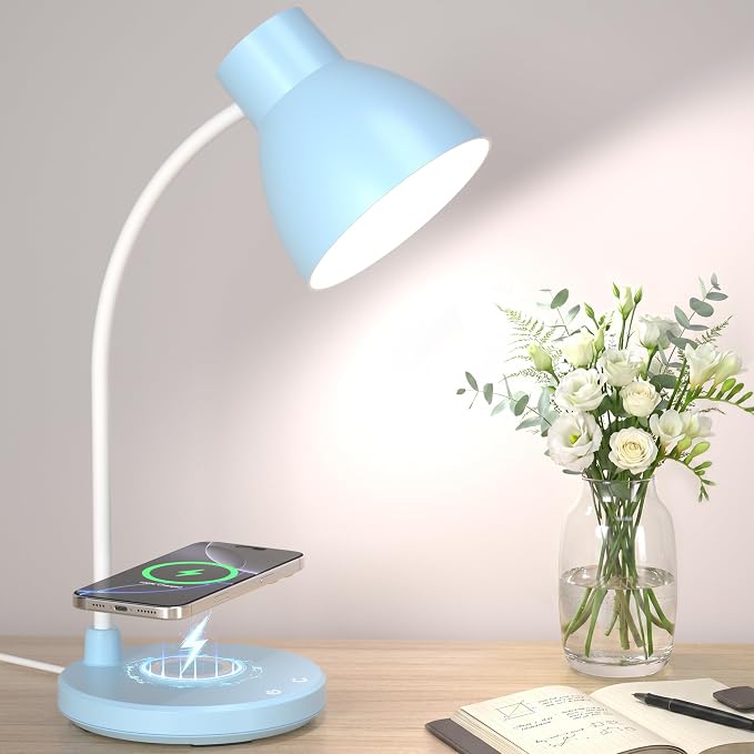 LED Desk Lamp for Home Office with Wireless Charger, Blue | 3 Color Modes Dimmable Eye-Caring Study Reading Dorm Desk Lamp, 360° Flexible Arm Table Lamp for College Dorm Room, 800 Lumen