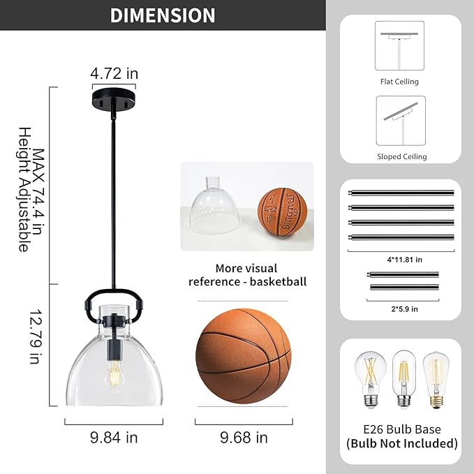 9.8'' Farmhouse Pendant Lights Kitchen Island, 1-Light Glass Modern Black Kitchen Island Lights, Pendant Light Fixtures for Dining Room Bedroom Over Table, E26