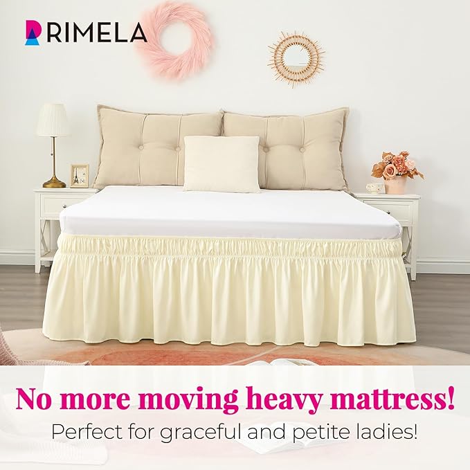 RIMELA Butter Yellow Bed Skirt Queen Size 15 Inch Drop, Elastic Bed Skirting for Bed Base and Frame, Bedding Dust Ruffle Easy to Install, Lightweight Comforter Set with Wrap Around Adjustable Bedskirt