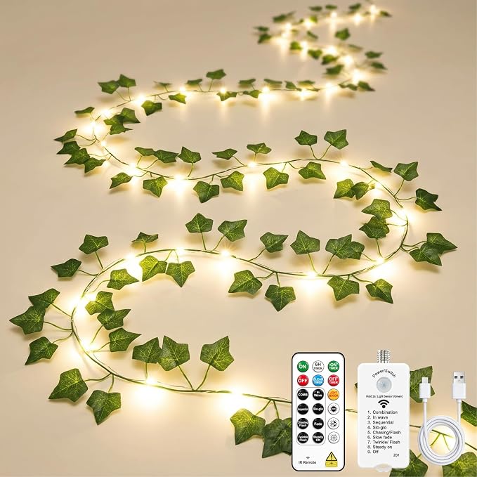 Ivy Vine Fairy Lights 2500mAh Rechargeable Battery, Warm White | 33FT 100LED with Remote Control, Timer & 8 Modes, Waterproof for Bedroom Dorm Wedding Party Christmas Indoor Outdoor Decor