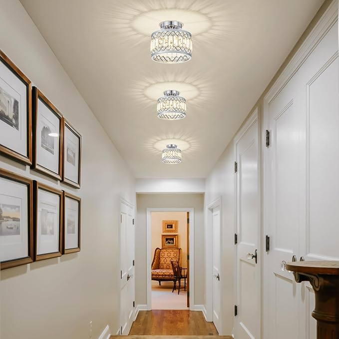 Crystal Chrome Ceiling Light, Modern Semi Flush Mount Ceiling Lighting Fixture, Round Hallway Lighting Fixtures for Entryway Kitchen Bedroom Laundry Room, 1-Light, 9 Inch