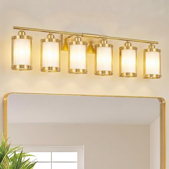 6-Light Brushed Gold Bathroom Light Fixtures Over Mirror with Frosted Milk Glass and Metal Cage Shade, 42" UL-Listed Modern Farmhouse Wall Sconce for Bath, Hardwire E26, OS-3014BGW-6W