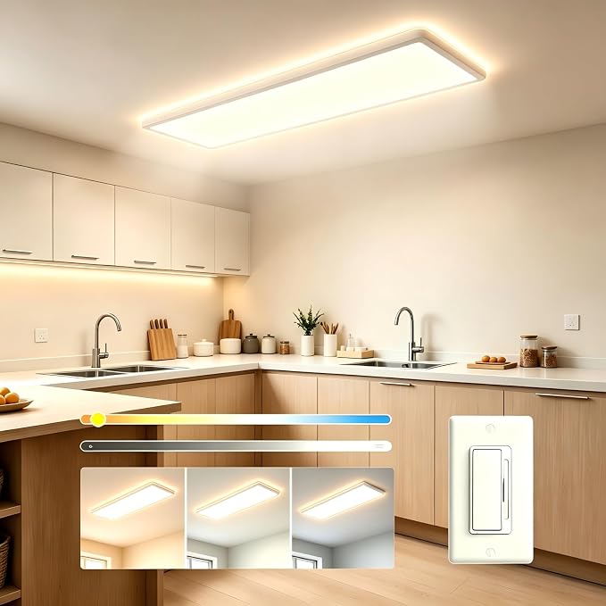 1Pack White 37.8In Flush Mount Ceiling Light, 24W 5280lm Thyristor (TRIAC) Dimmable Rectangle LED Ceiling Light,3-CCT 3000-6500K with Memory Funcation,IP54 for Kitchen/Bathroom/Hallway/Office