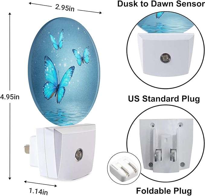 Butterflies Over Lake Nightlight Blue Magical Butterfly Morphy Wings Shine Stars Plug-in Night Light LED Auto on/Off for Women Girls Bedroom Bathroom Wall Light