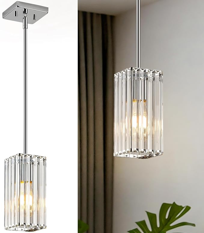 Modern Crystal Pendant Lights Kitchen Island, 1-Light Chrome Hanging Light with Clear Crystal Shade, Adjustable Height Pendant Lighting for Kitchen Island Dining Room Bedroom Bar Entryway