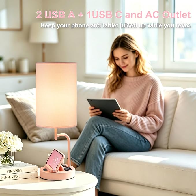 Dreamholder 2 Pack Table Lamp, Bedside Lamp with 3 USB Charging Ports & AC Outlet, USB Desk Lamp with 2 Phone Holders, Linen Fabric Shade Nightstand Lamps for Bedroom Living Room Office, Pink
